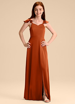 Azazie Everett Junior Abito A-Line in Raso Elasticizzato Fiocco Arancia Bruciata image7