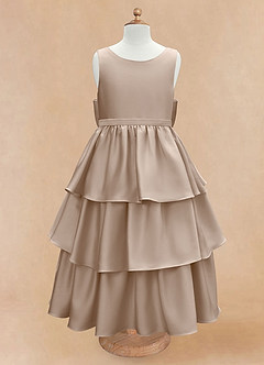 Azazie Margie Flower Girl Dresses Taupe A-Line Bow Stretch Satin Dress image4
