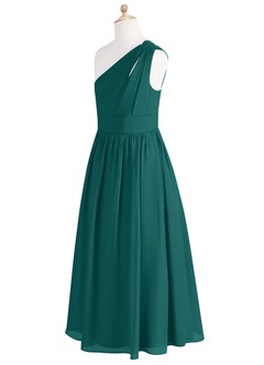 Azazie Molly Junior Abito A-Line in Chiffon Plissettato Verde Pavone image9