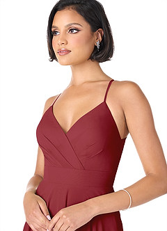 Azazie Avelina Bridesmaid Dresses Pomegranate A-Line V-Neck Pleated Chiffon Dress image4