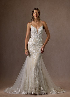 Azazie Leonie Vestidos de novia Vestido de Blanco Diamante Champán de Tul de Corte Sirena con Lentejuelas Cuello V image6