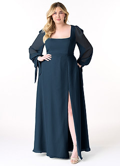 Azazie Leonia Robes de demoiselle d'honneur Robe Trapèze en Mousseline de soie Manches longues Bleu Marine Foncé image4