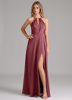 Azazie Evalleen Robes de demoiselle d'honneur Robe Trapèze en Satin extensible Plissée Rose Du Désert image1