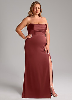 Azazie Saige Bridesmaid Dresses Terracotta Sheath Off the Shoulder Stretch Satin Dress image17