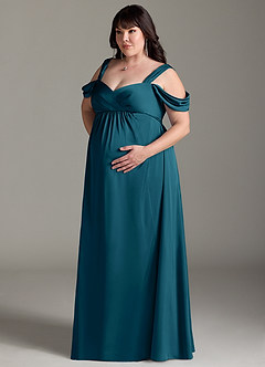 Azazie Rhea vestidos de dama de honor de maternidad Vestido de Corte En A Off The Shoulder Plisado Hasta el suelo Satén Elástico image11