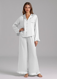 front Ruffled Satin Long Sleeve Pajama Set