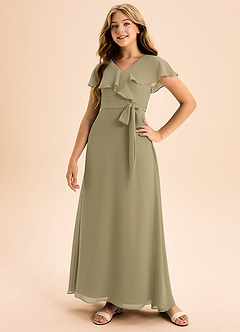 Azazie Lainey Junior Abito A-Line in Chiffon Con Tasche Verde Muschio image5
