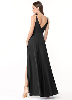 Azazie Dalilah Brautjungfernkleider A-Linie V-Hals Gefaltet Stretch-Satin Kleid Schwarz image2