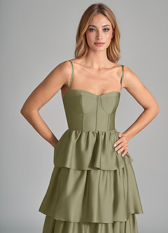 Azazie Faye Robes de demoiselle d'honneur Robe Trapèze en Satin extensible Rayé Pistache image2