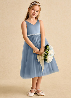 Azazie Firefly vestidos de niña de las flores Vestido de Azul Polvoriento de Satin Mate de Corte En A con Lazo image3