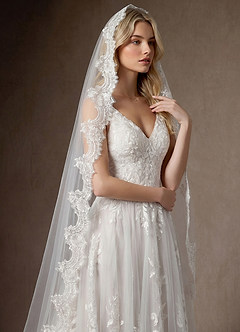 front Floral Lace Edge Two Tier Fingertip Wedding Veil with Blusher