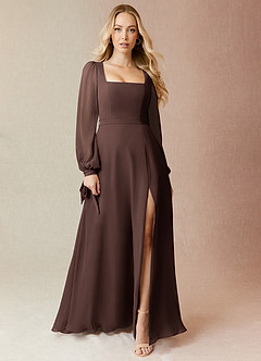 Azazie Leonia Jurken voor bruidsmeisjes Jurk van Chiffon met A-Lijn Lange mouw Ganache image3