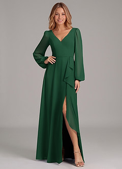 Azazie Simone Vestidos de damas de honor Vestido de Verde Oscuro de Gasa de Corte en A con Manga larga image1