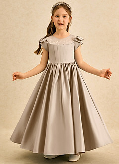 Azazie Toffee Abiti da Ragazza di Fiori Abito Stile Principessa in Raso Opaco Fiocco Taupe image3