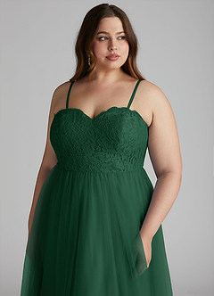 Azazie Roni Vestidos de damas de honor Vestido de Verde Oscuro de Tul de Corte en A Convertible con Escote de Corazón image13