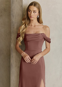 Azazie Saige Bridesmaid Dresses Espresso Sheath Off the Shoulder Stretch Satin Dress image2