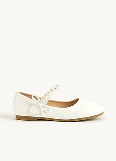 front Pearl Strap and Bow Girls Flat Shoes