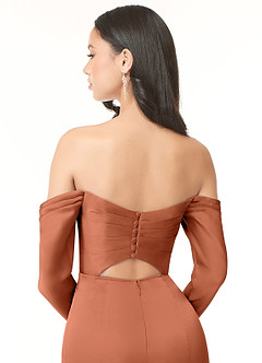 Azazie Hallie Bridesmaid Dresses Cedar Rose Sheath Off-The-Shoulder Long Sleeve Stretch Satin Convertible Dress image7