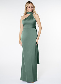 Azazie Kaylani Vestidos de damas de honor Vestido de Eucalipto de Satén Elástico de Corte Sirena con Cuello Alto image1