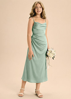 Azazie Mai Junior Osłona Pofałdowany Satyna elastyczna Długość herbaty Młodsza druhna Sukienka image5