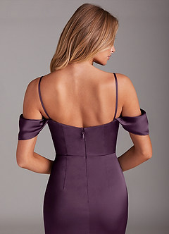 Azazie Saige Bridesmaid Dresses Plum Sheath Off the Shoulder Stretch Satin Dress image8
