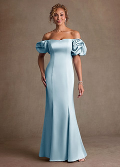 Azazie Redding Mother of the Bride Dresses Sky Blue Sheath Ruched Stretch Satin Dress image1