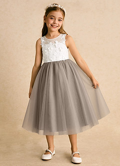 Azazie Lina Flower Girl Dresses Ivory Taupe Ball-Gown Lace Dress image2