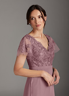 Azazie Singer Mother of the Bride Dresses Dusty Rose A-Line V-Neck Lace Chiffon Dress image5