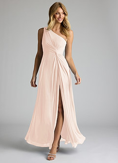 Azazie Brooke Bridesmaid Dresses Blushing Pink A-Line One Shoulder Mesh Dress image2