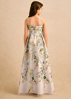 Azazie Lark Girls Formal Flower Girl Dresses Blushing Pink A-Line Pleated Lace Dress image2