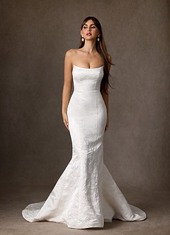 Azazie Nahara Wedding Dresses Diamond White Mermaid Strapless Floral Jacquard Dress image1