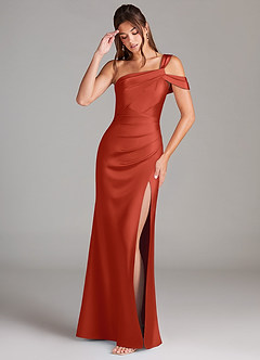 Azazie Wynter Bridesmaid Dresses Rust Sheath Off the Shoulder Stretch Satin Dress image3
