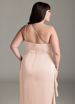 Azazie Latrice Brautjungfernkleider Etui Kaskadierende Rüschen an einer Schulter Stretch-Satin Kleid Zartrosa image12