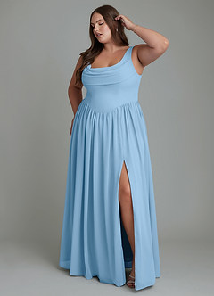 Azazie Novi At-home Try On Dresses Steel Blue A-Line Pleated Chiffon Dress image9