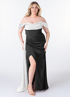 Azazie Amyra 신부 들러리 드레스 인어 오프 더 숄더 스트레치 새틴 바닥 길이 드레스 image9