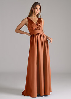 Azazie Kora At-home Try On Dresses Dusty Blue A-Line Pleated Stretch Satin Dress image3