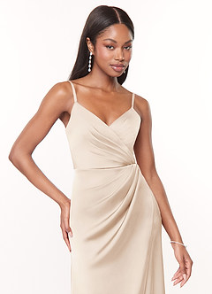Azazie Maci Bridesmaid Dresses White Alabaster A-Line V-Neck Pleated Stretch Satin Dress image8