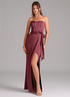 Azazie Jamie Jurken voor bruidsmeisjes Converteerbaar Jurk van Stretch Satijn met A-Lijn Strapless Merlot image1
