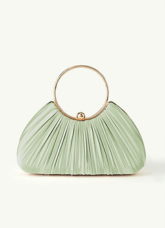 front Zestaw metalicznych, satynowych sandałów na niskim obcasie w pasującym kolorze z plisowaną torebką