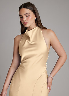 Azazie Sahara Bridesmaid Dresses Champagne A-Line Pleated Stretch Satin Dress image7