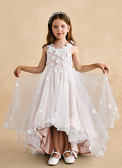 Azazie Celia Flower Girl Dresses Blushing Pink A-Line Lace Tulle Dress image4