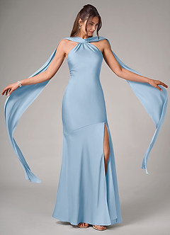 Azazie Kinsley Bridesmaid Dresses Powder Blue Mermaid Side Slit Stretch Satin Dress image2