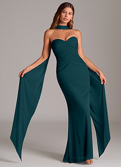 Azazie Katelyn 신부 들러리 드레스 쉬스 스트랩리스 망사 바닥 길이 드레스 image1