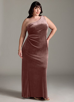 Azazie Argan Bridesmaid Dresses Espresso A-Line One Shoulder Pleated Velvet Dress image10