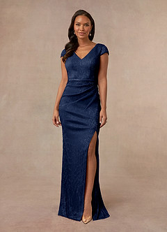 Azazie Galilea Mother of the Bride Dresses Dark Navy Mermaid V-Neck Metallic Mesh Dress image7