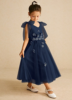 Azazie Minia Flower Girl Dresses Dark Navy A-Line Bow Matte Satin Dress image3