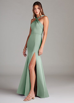 Azazie Rue Bridesmaid Dresses Agave A-Line Pleated Stretch Satin Dress image5