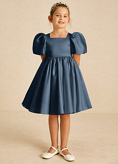 Azazie Muffin Flower Girl Dresses Neptune A-Line with Sleeves Matte Satin Dress image2