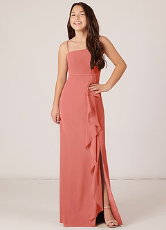 Azazie Kaylee Junior Salmon Pink A-Line with Belt Chiffon Dress image4