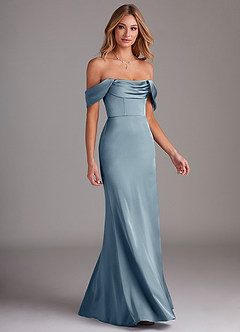 Azazie Saige Bridesmaid Dresses Dusty Blue Sheath Off the Shoulder Stretch Satin Dress image6